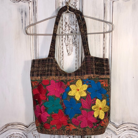 Handbags - Embroidered Madres Plaid Boho Style Hobo Tote Bag